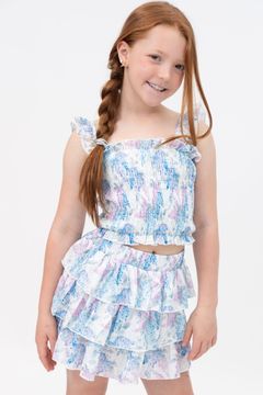 HYDRANGEAS PRINT SMOCKED STRAP TOP AND LAYERED TIERED SKIRT SET