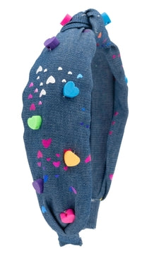 Denim Splatter Hearts w/ Heart Rainbow Charms Denim knot headband