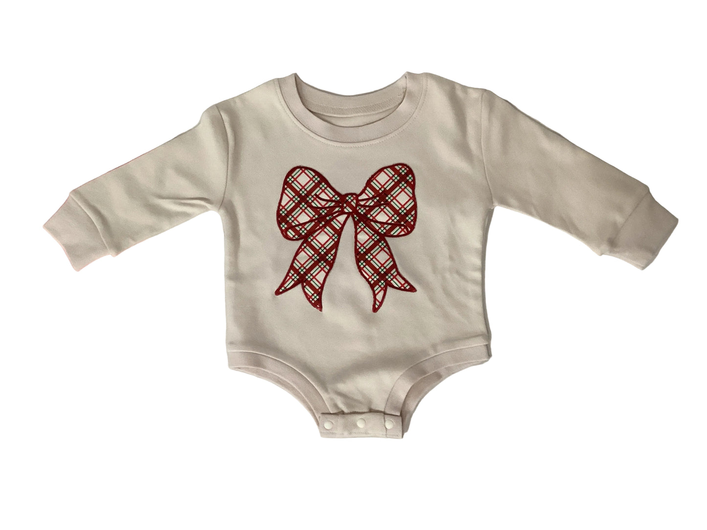Christmas Plaid Bow Patch Long Sleeve Romper