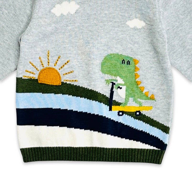 Dino Skater Rainbow Jacquard Knit Baby Pullover (Organic): Grey Heather