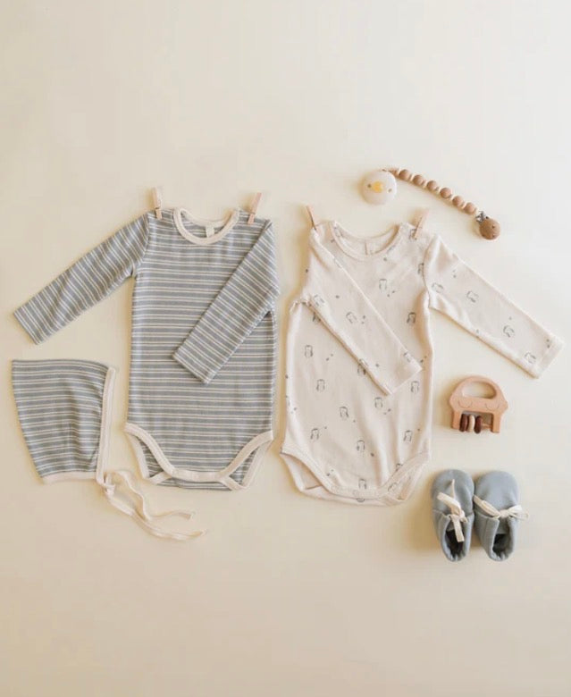 RIBBED BODYSUIT, 2 PACK || STEEL BLUE MICRO STRIPE, OWLS NATURAL-BLUE