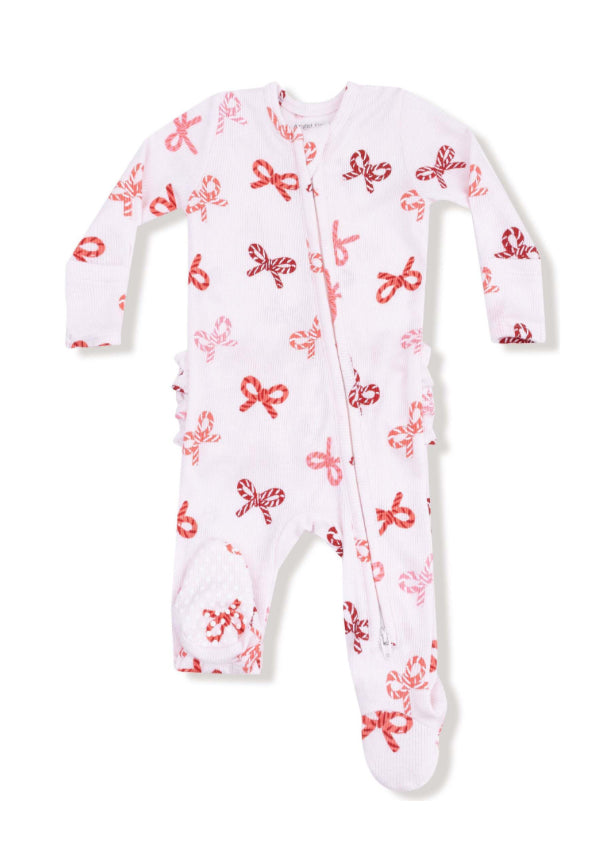 Candy Cane Bows - 2 Way Zipper Ruffle Back Footie