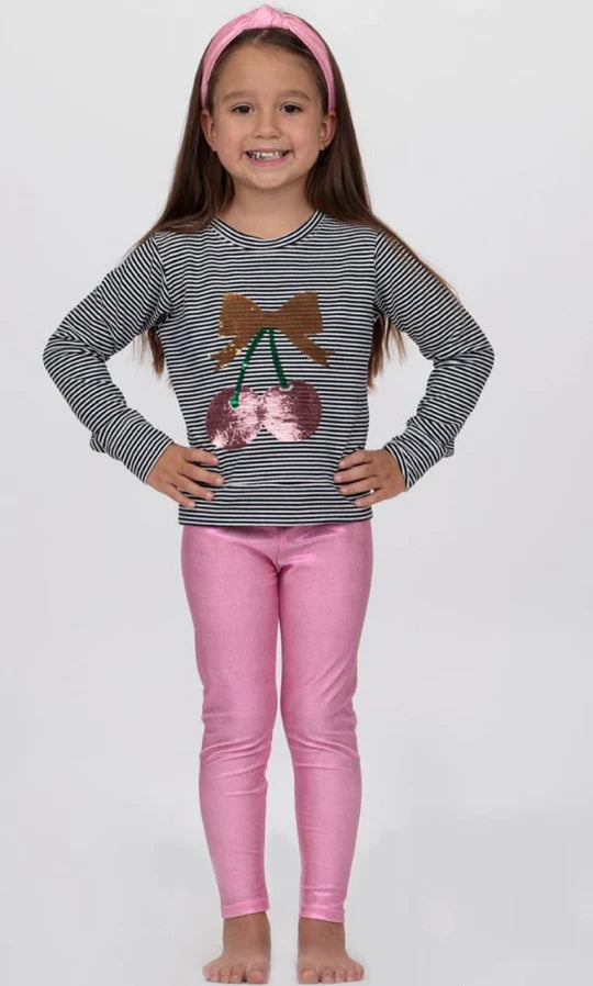 Sequin Cherry Bow Navy Striped Crew