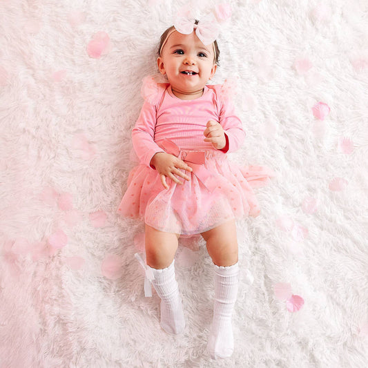 Flocked Heart Valentine's Day Tiered Long Sleeve Tutu Bodysuit