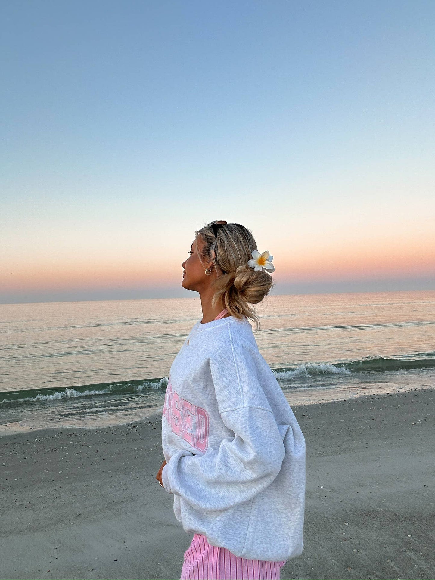 Pearl Grey w/ Pink Thread Sunkissed Varsity Embroider Sweats: Pearl Gray / Small