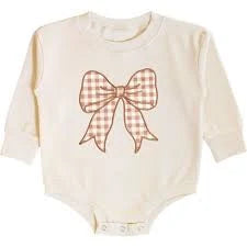 GINGHAM BOW PATCH LONG SLEEVE ROMPER-NATURAL