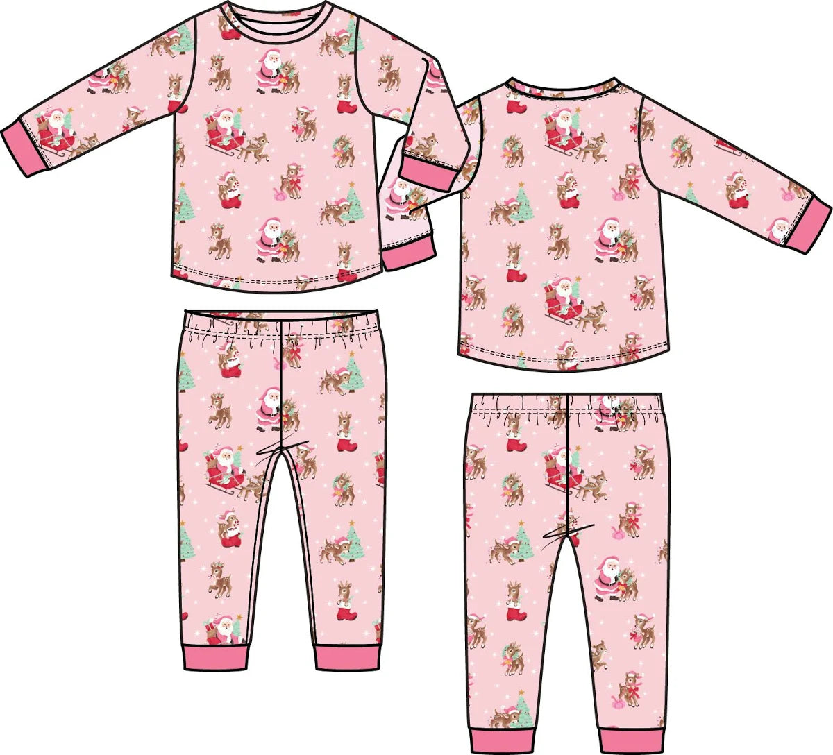 Vintage Reindeer & Santa Pink - Long Sleeve Loungewear Set