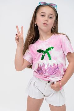 SEQUIN CHERRIES APPLIQUE ON TIE DYE JERSEY SHORT SLEEVE TEE