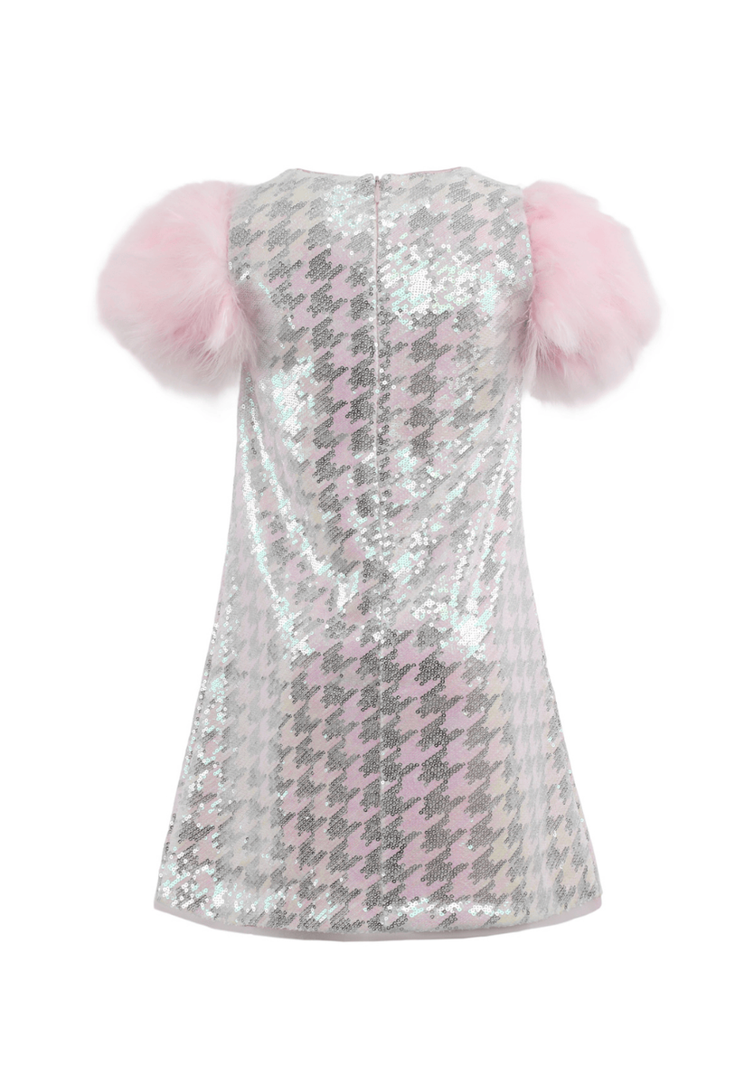 Houndstooth Sequin Feather Sleeve Party Dress