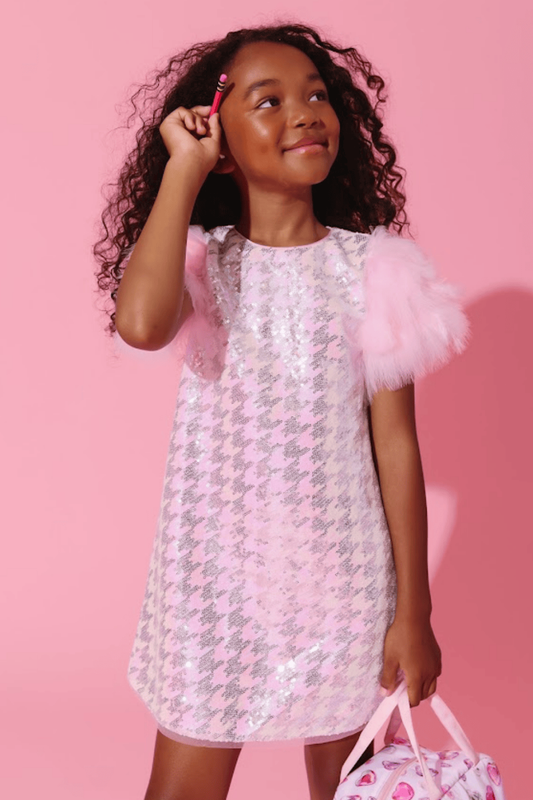 Houndstooth Sequin Feather Sleeve Party Dress