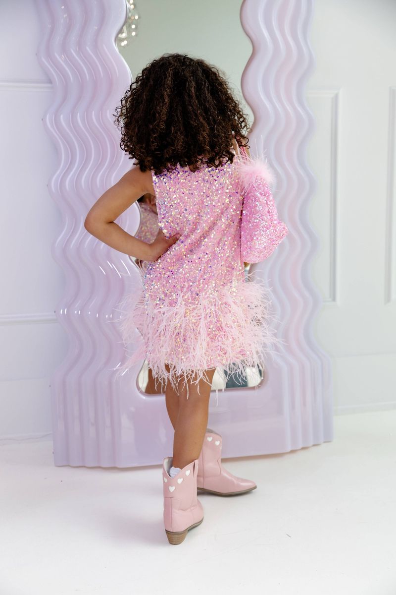 Houndstooth Sequin Feather Sleeve Party Dress