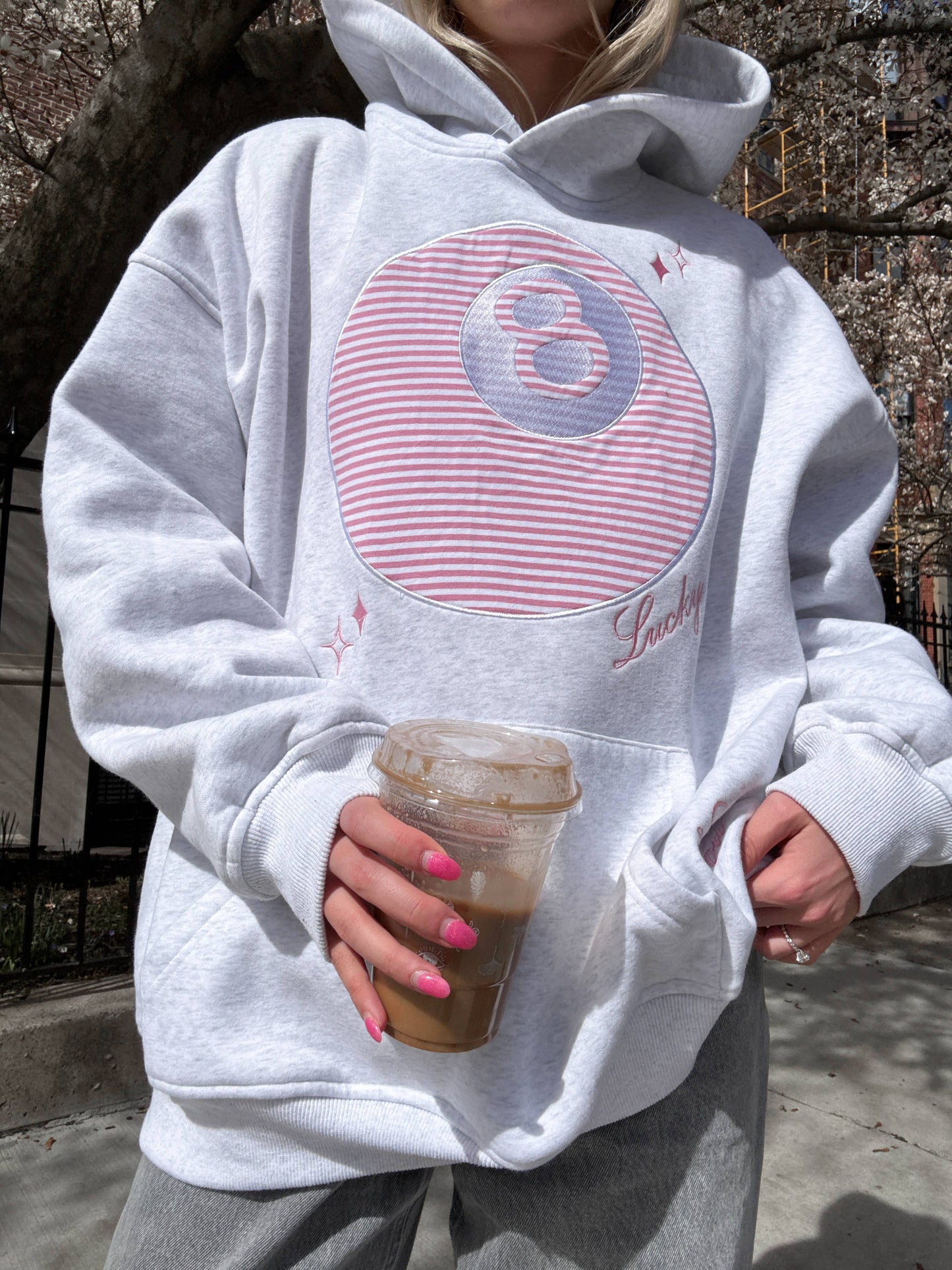 Pearl Grey Lucky You 8 Ball Embroider Hoodie: Pearl Grey / Medium