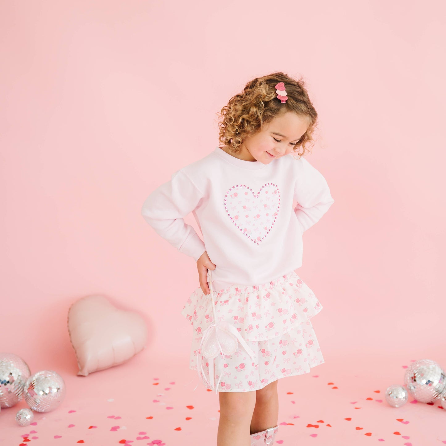 Dainty Rose Pearl Heart Patch Sweatshirt - Kids Clothing