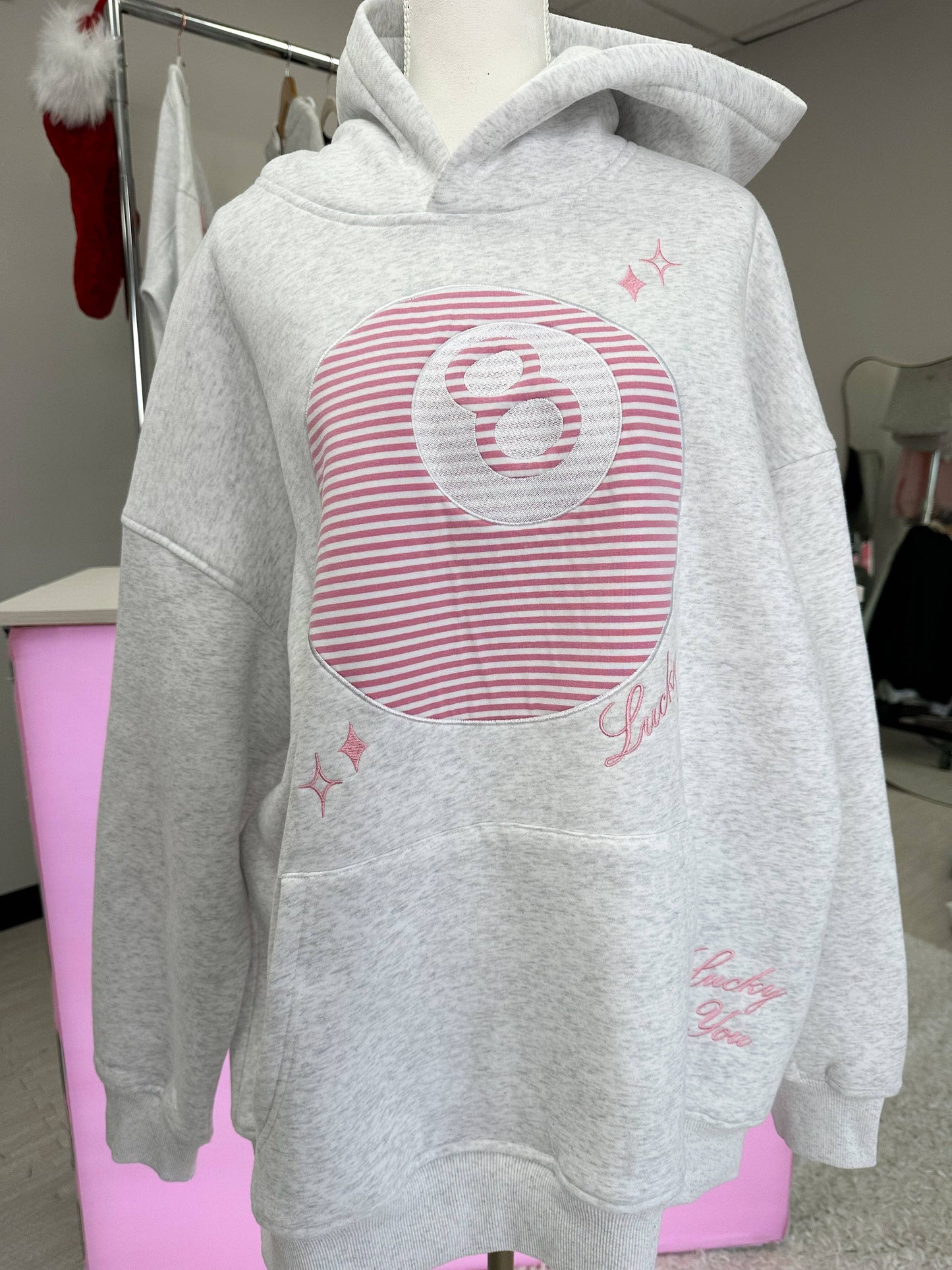 Pearl Grey Lucky You 8 Ball Embroider Hoodie: Pearl Grey / XS
