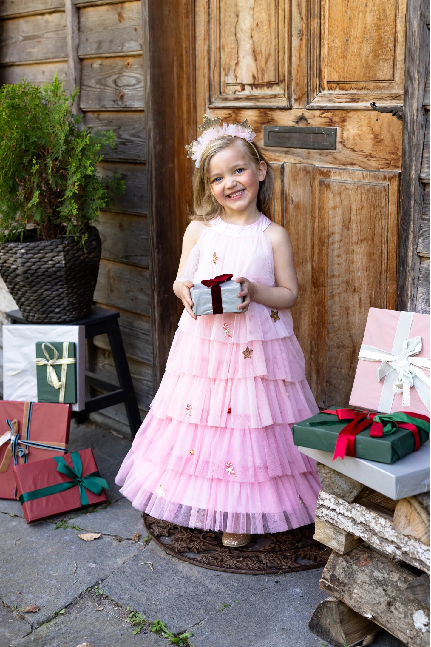 37113 Christmas Tree Dress & Headpiece, Blush, Size 3-4