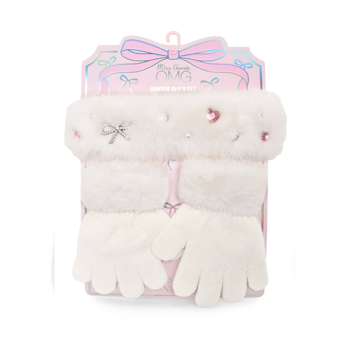 Rhinestone Bow Headband and Gloves Plush Winter Glam Set
