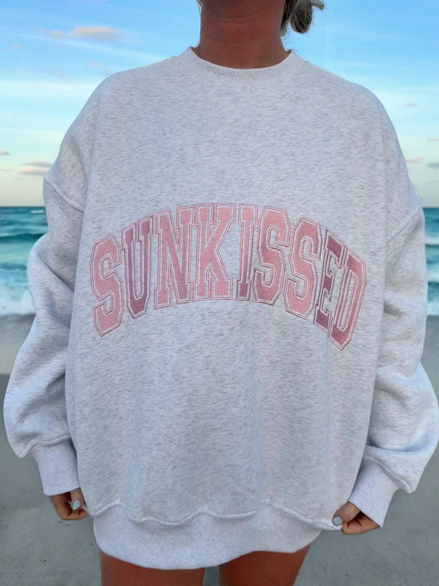 Pearl Grey w/ Pink Thread Sunkissed Varsity Embroider Sweats: Pearl Gray / Small