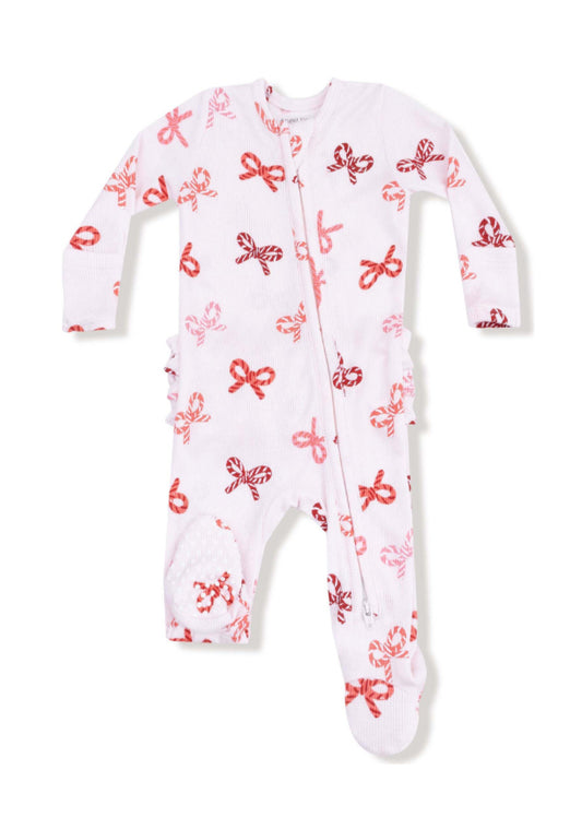 Candy Cane Bows - 2 Way Zipper Ruffle Back Footie