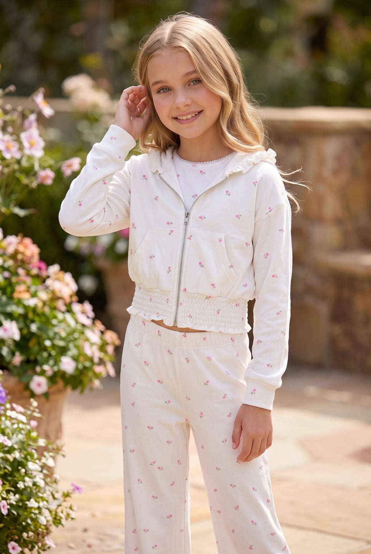 FBZ Ivory Rosebud Zip Hoodie for Tween Girls