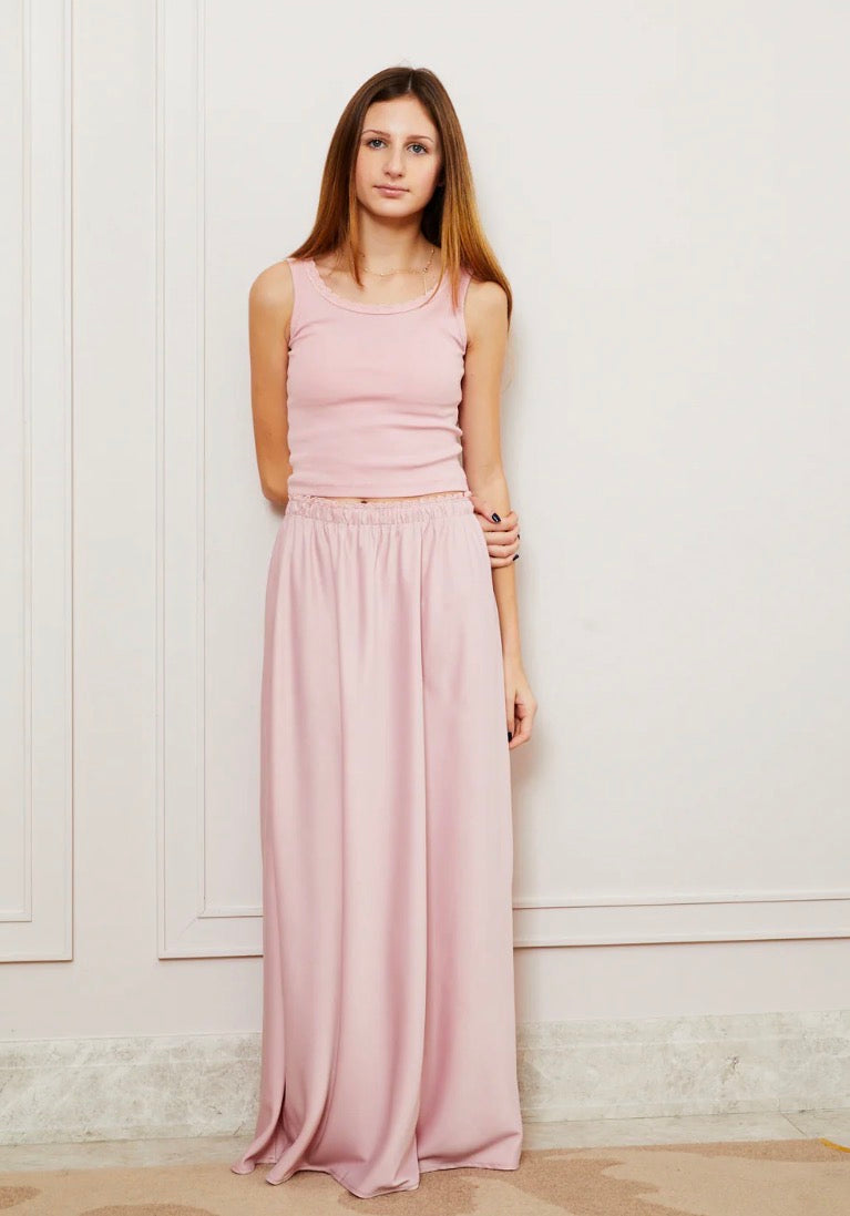 Stella Ribbed Tank - Ballet Pink  with Lace Trim -