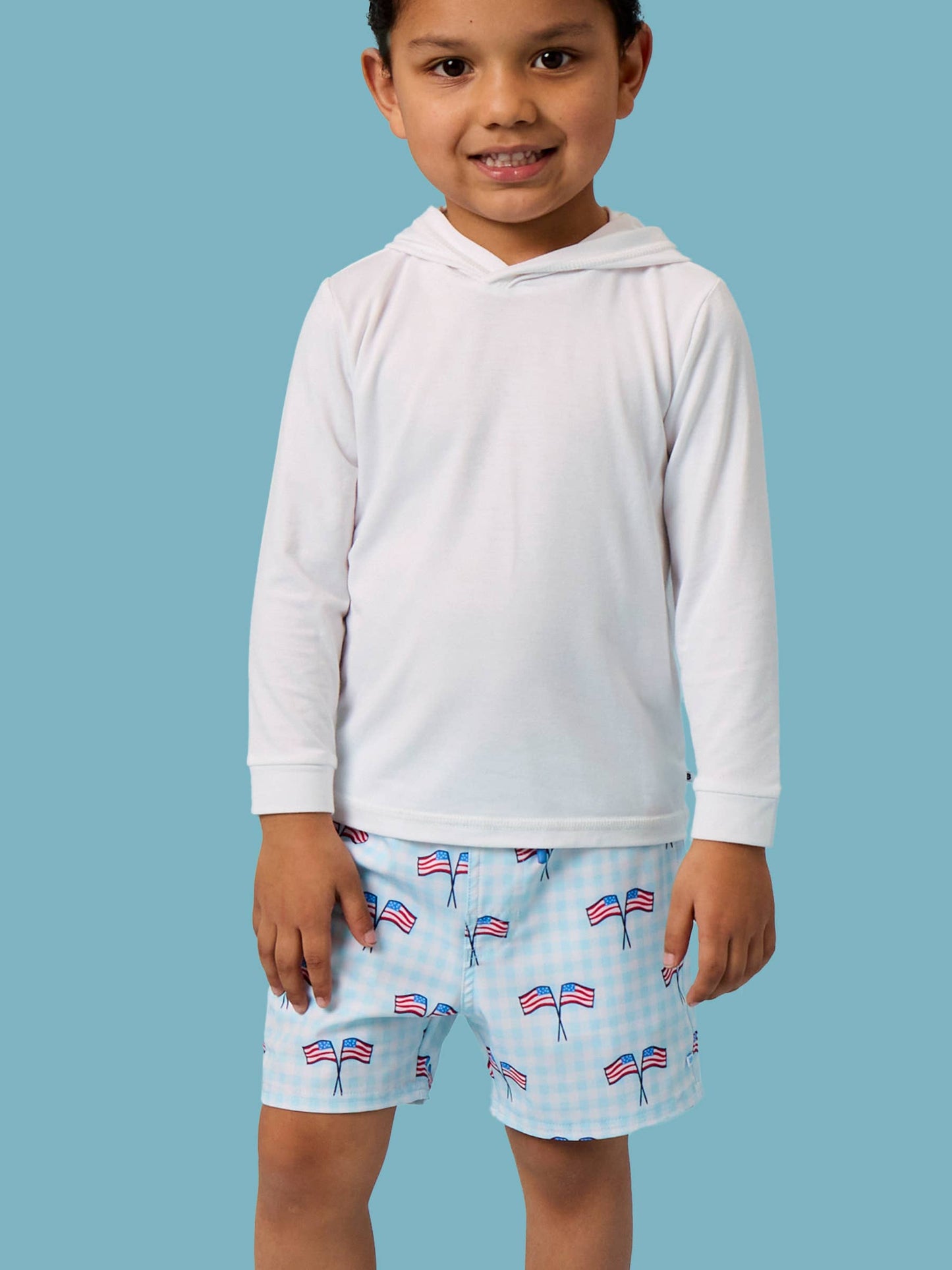 Boys Blue Patriotic Gingham Performance Hybrid Swim Trunks