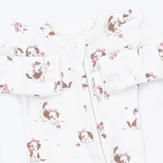 Explorer Puppy Pink - 2 Way Ruffle Sleeve Zipper Footie