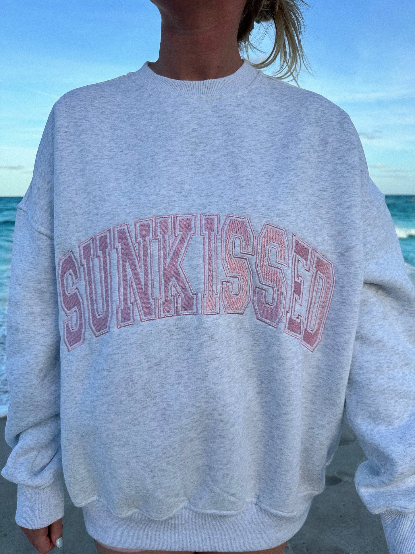Pearl Grey w/ Pink Thread Sunkissed Varsity Embroider Sweats: Pearl Gray / Small