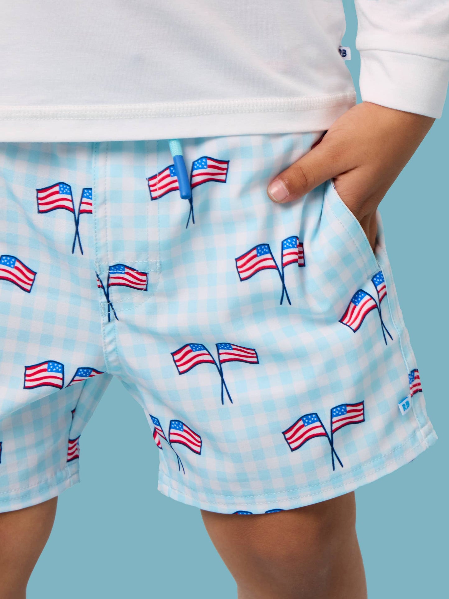 Boys Blue Patriotic Gingham Performance Hybrid Swim Trunks