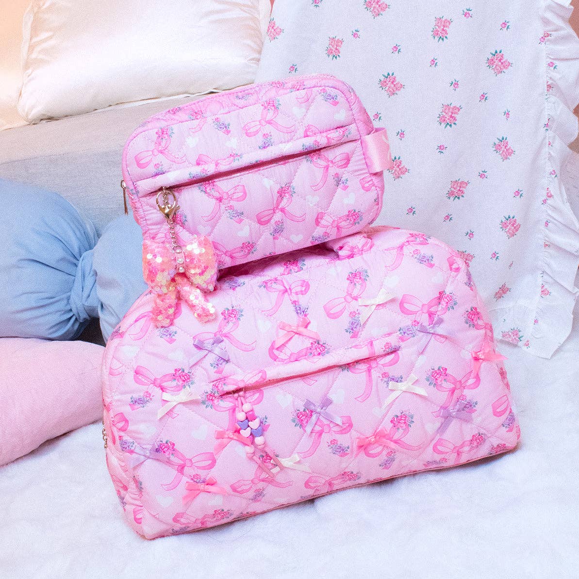 Quilted Floral Bow Printed Pouch with Charm