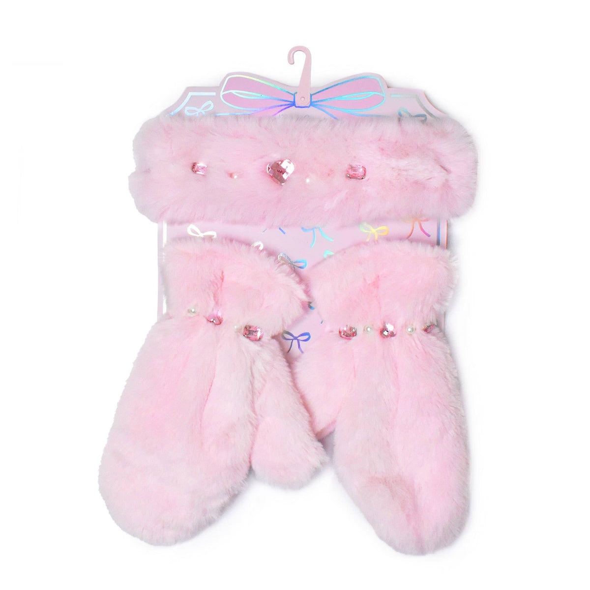 Rhinestone Bow Headband and Mittens Plush Winter Glam Set