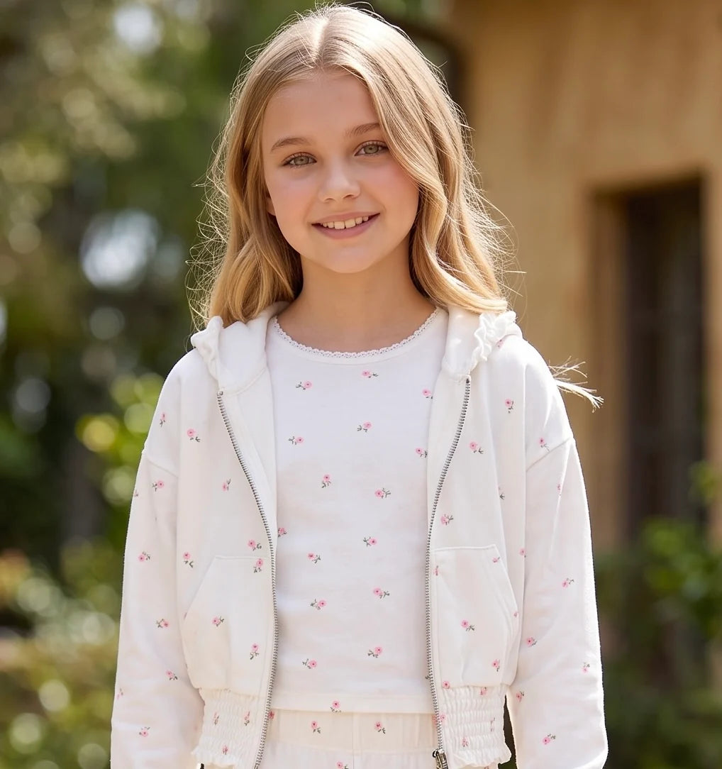 FBZ Ivory Rosebud Zip Hoodie for Tween Girls