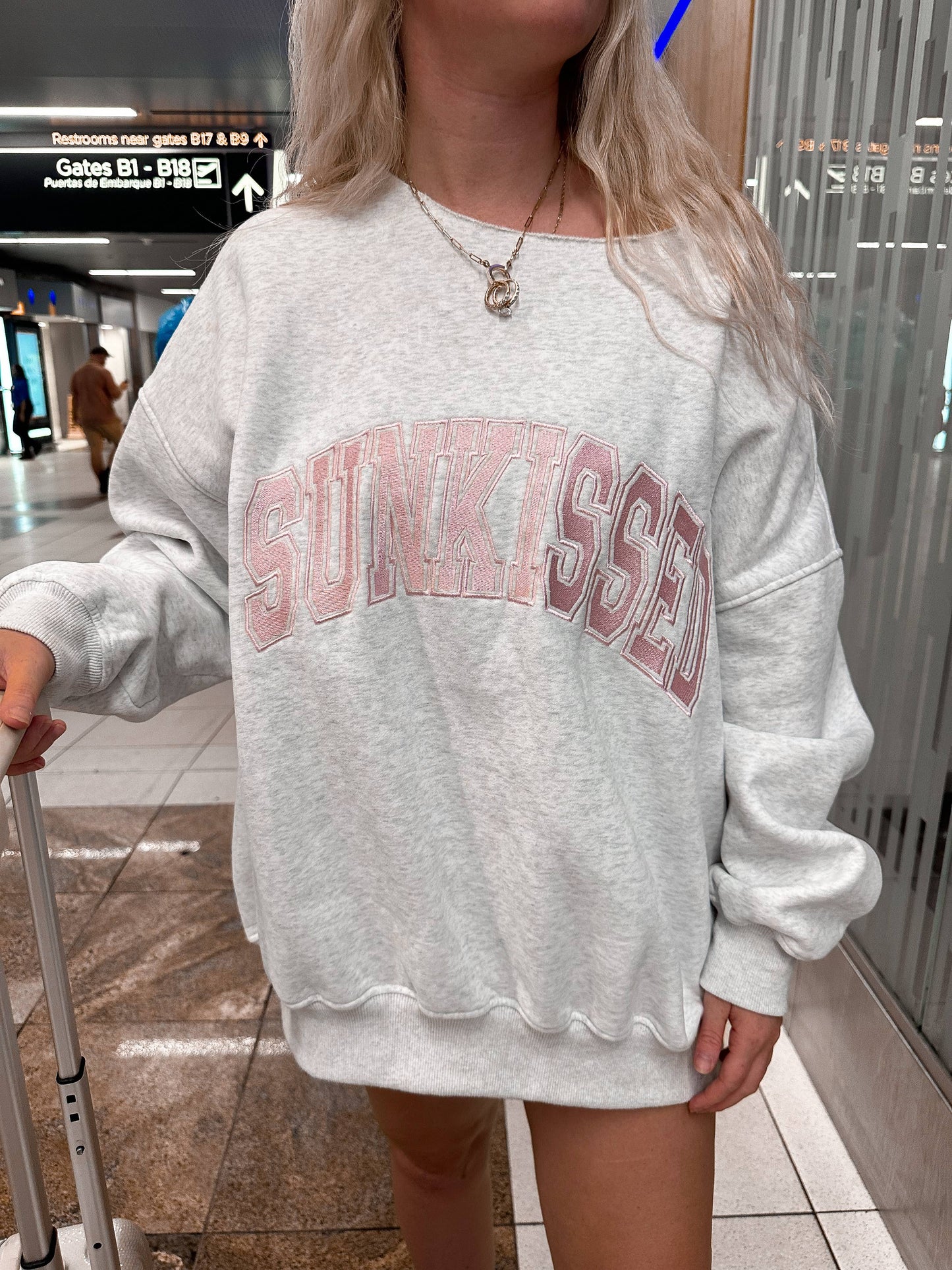 Pearl Grey w/ Pink Thread Sunkissed Varsity Embroider Sweats: Pearl Gray / Small