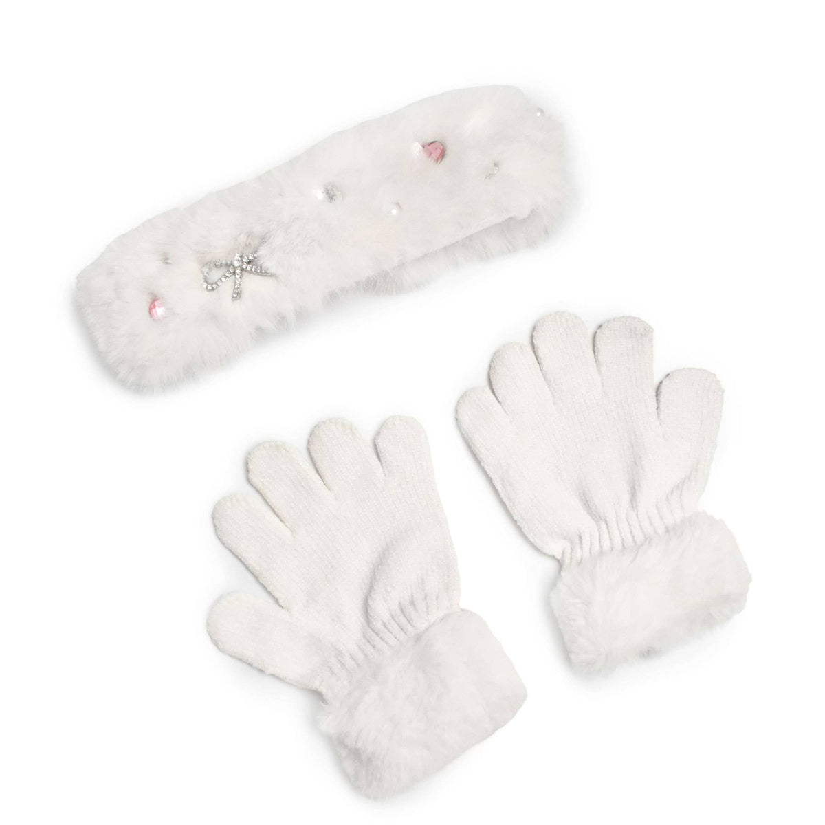 Rhinestone Bow Headband and Gloves Plush Winter Glam Set