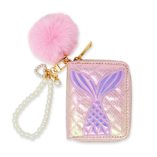 Mermaid Tail Pearl Strap Quilted Wallet with Pom-Pom