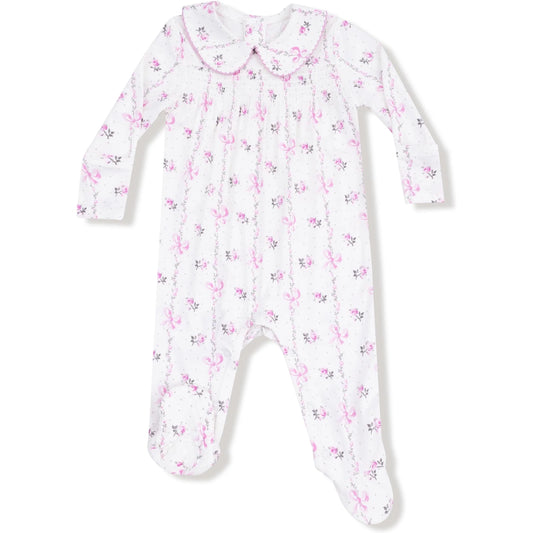 Dainty Buds And Bows Stripe - Smocked  Peter Pan Snap Footie