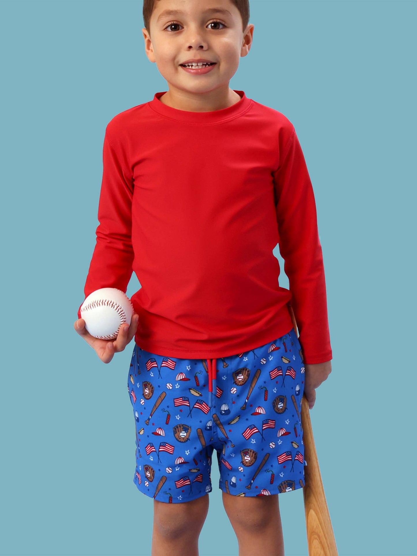 Boys Blue Stars & Strikes Baseball Performance Hybrid Swim Trunks