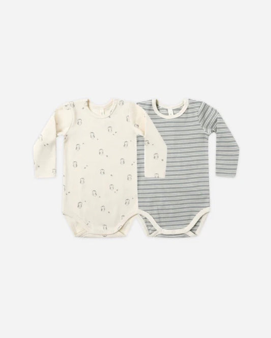 RIBBED BODYSUIT, 2 PACK || STEEL BLUE MICRO STRIPE, OWLS NATURAL-BLUE