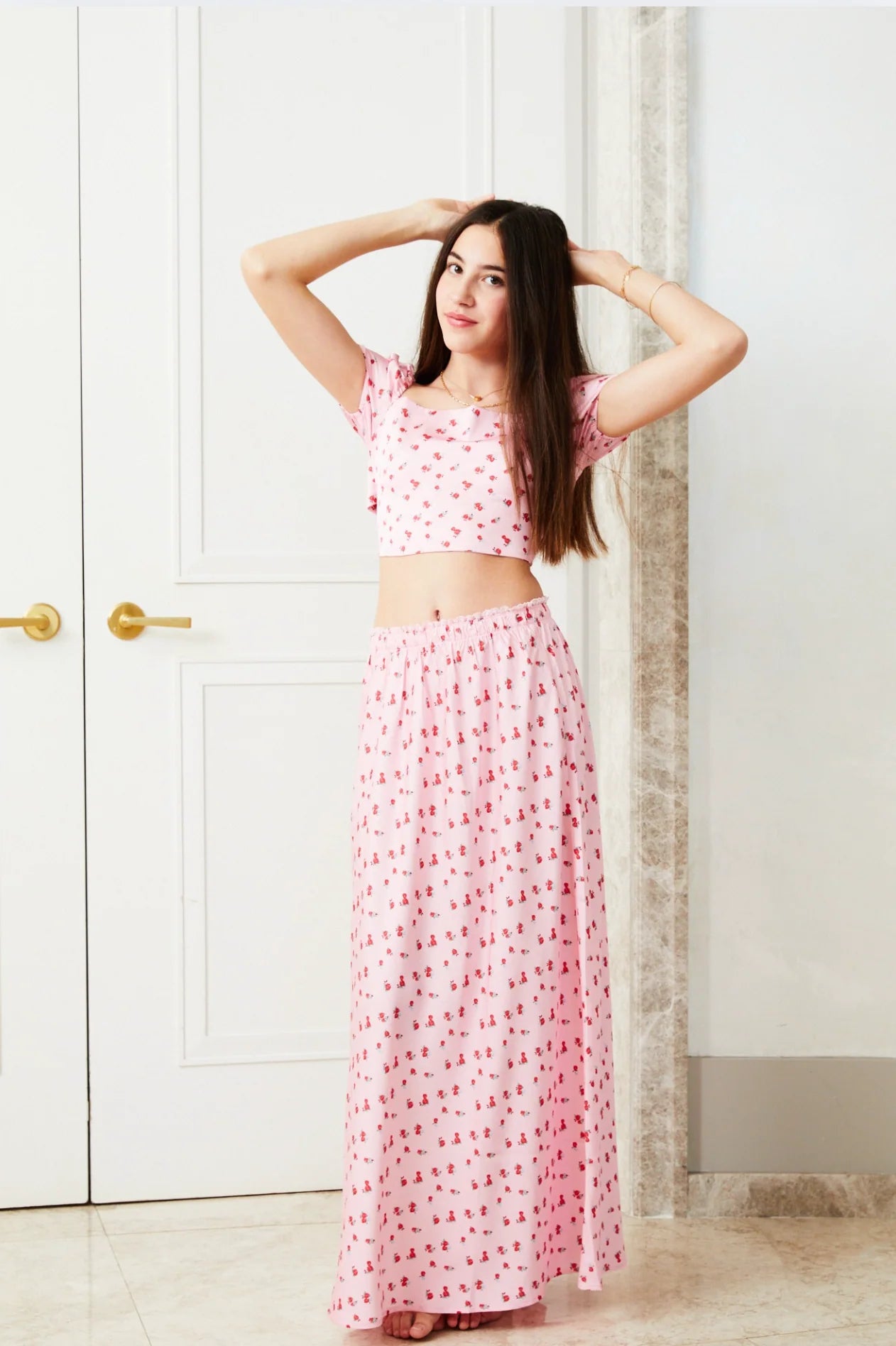 Noa Satin Pink with Red  Rose TIe Back