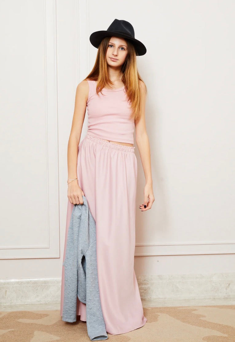 Stella Ribbed Tank - Ballet Pink  with Lace Trim -