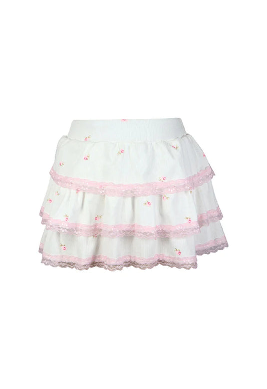 FBZ OFFWHITE AND PINK FLOWER LACE TRIM SKIRT