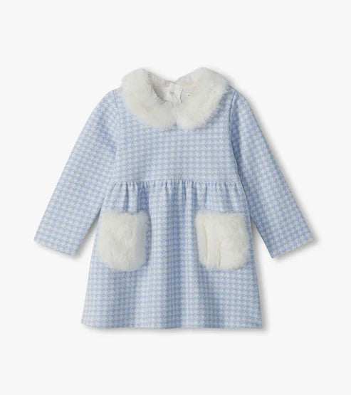 KENTUCKY BLUE HOUNDSTOOTH FUN FUR TRIM DRESS