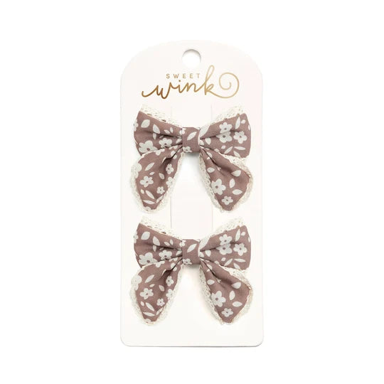 Mocha Floral Lace Bow Clip Set