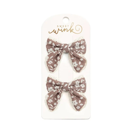 Mocha Floral Lace Bow Clip Set