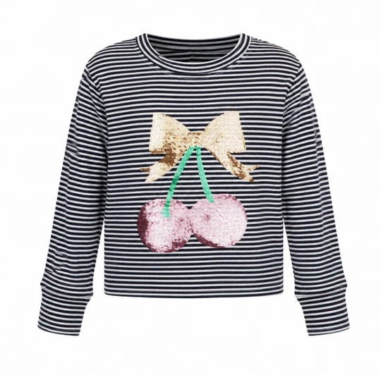Sequin Cherry Bow Navy Striped Crew