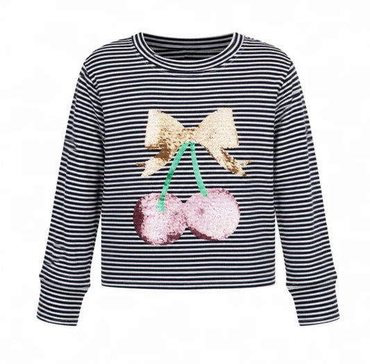 Sequin Cherry Bow Navy Striped Crew