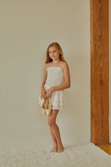 Sage White Dot Smocked Ruffle Dress