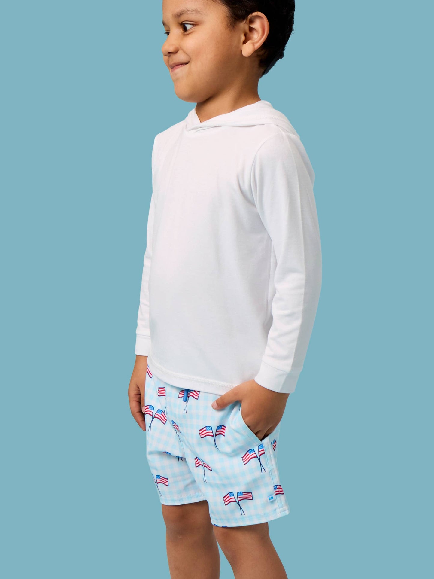 Boys Blue Patriotic Gingham Performance Hybrid Swim Trunks