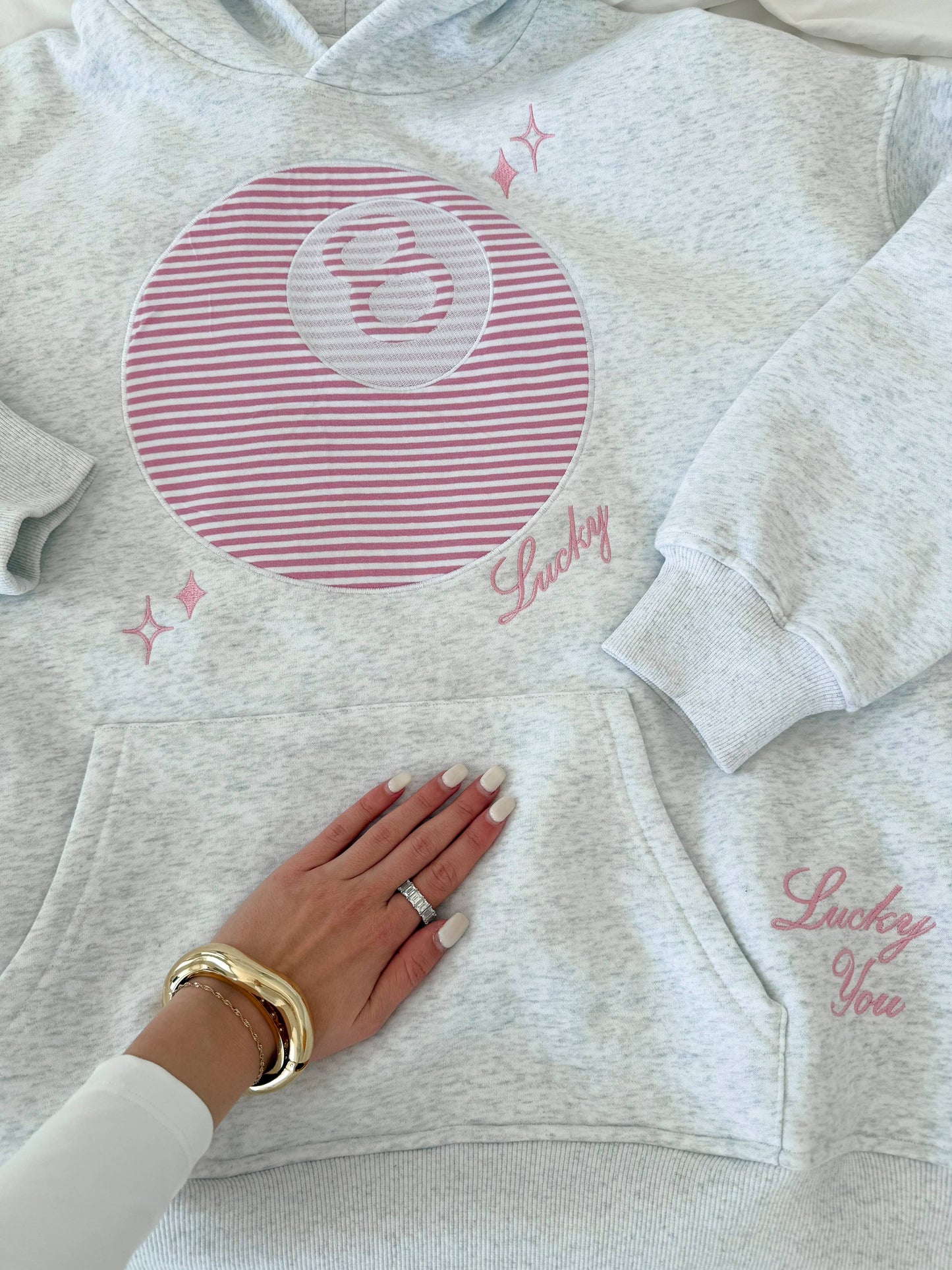 Pearl Grey Lucky You 8 Ball Embroider Hoodie: Pearl Grey / Small