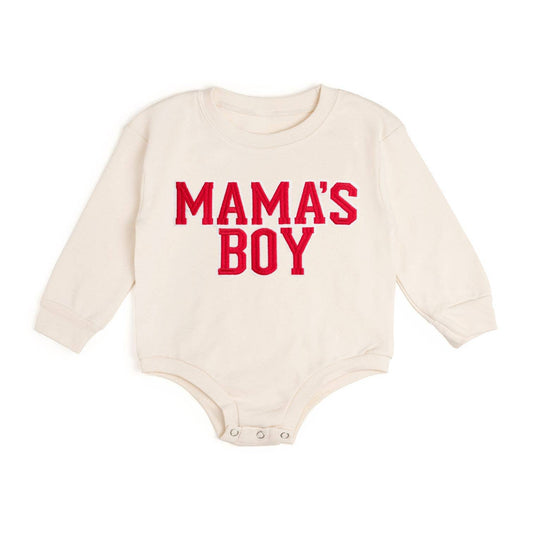 Mama's Boy Varsity Patch Valentine's Day Long Sleeve Romper - Natural