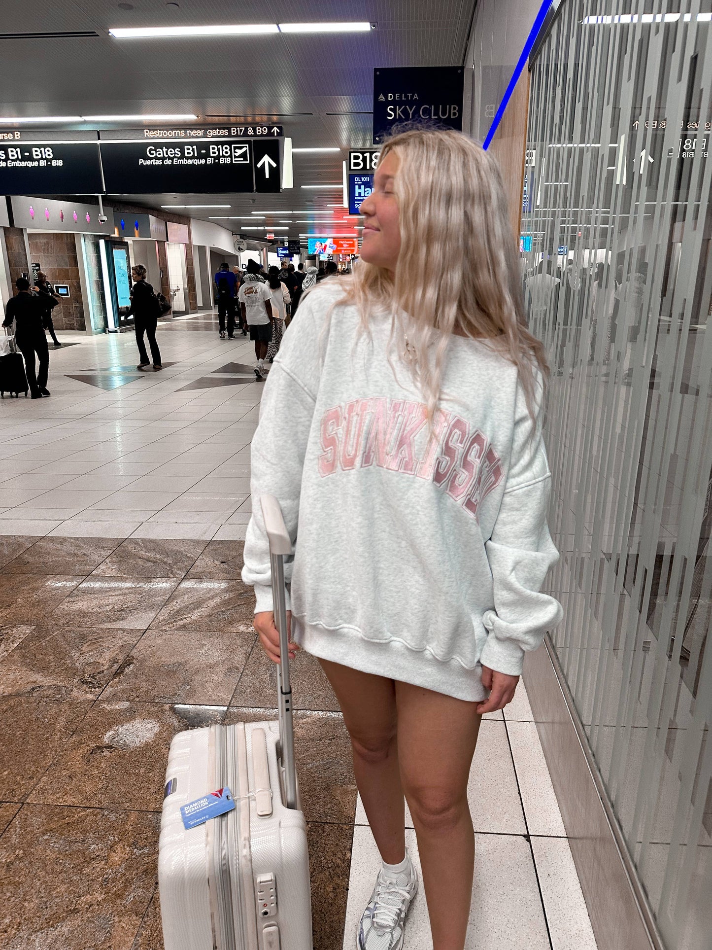 Pearl Grey w/ Pink Thread Sunkissed Varsity Embroider Sweats: Pearl Gray / Small